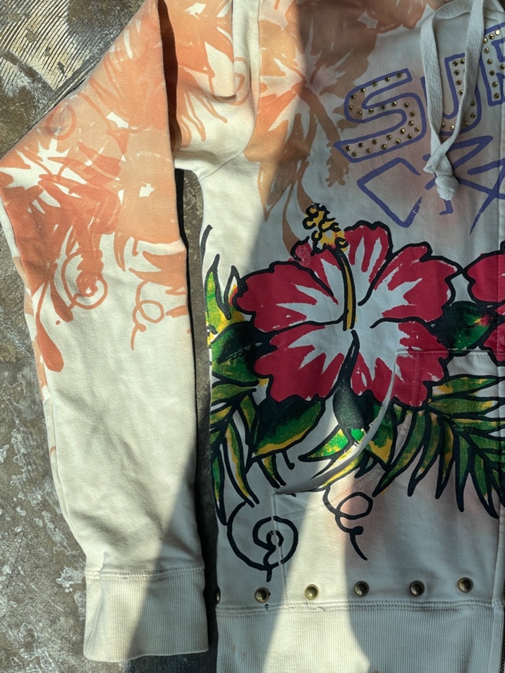 Ed Hardy Cream Hoodie with Purple and Gold Stud Accents - Picture 5 of 13